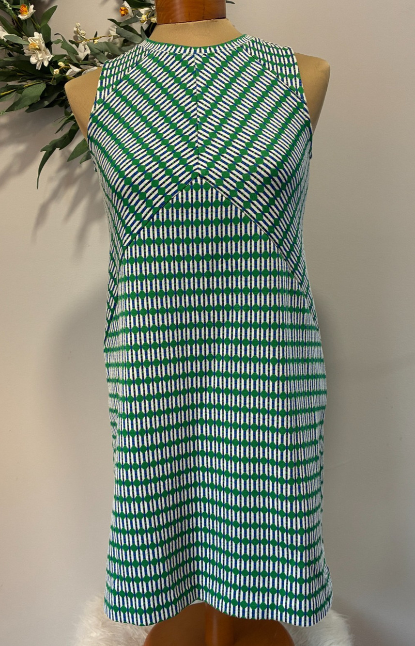 Anthropologie Maeve Seamed Jacquard Mini Dress Green White Knit Mod, Size XS
